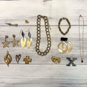 Gold Tone Jewelry Lot of 13 Necklaces Earrings Bracelets Brooches Pendant